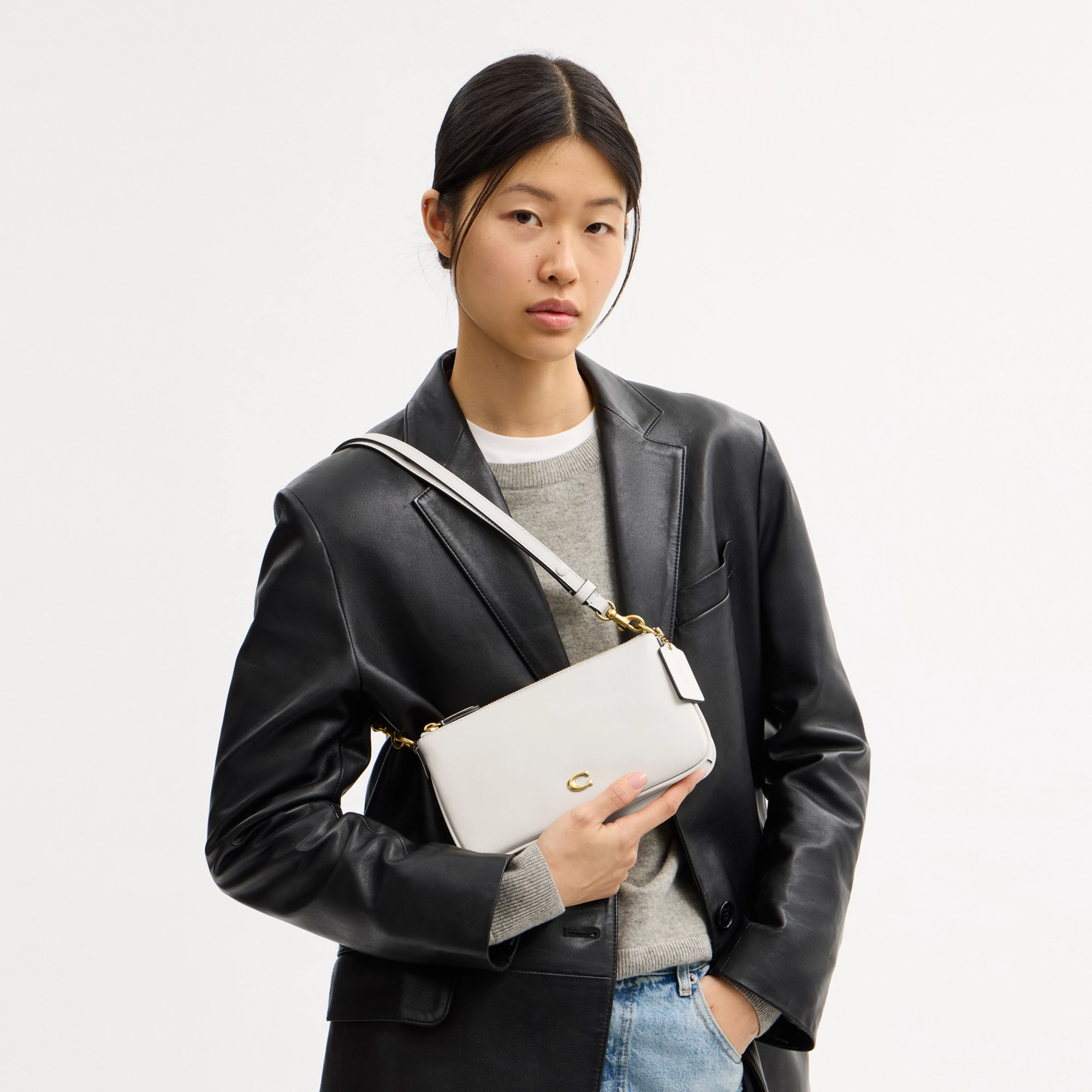 COACH®,Audrey Crossbody Bag,Recycled Polyester,Leather,Lining Recycled Polyester,Shoulder Bag,Metal Material,Metal,Pendant...,White,Detail View