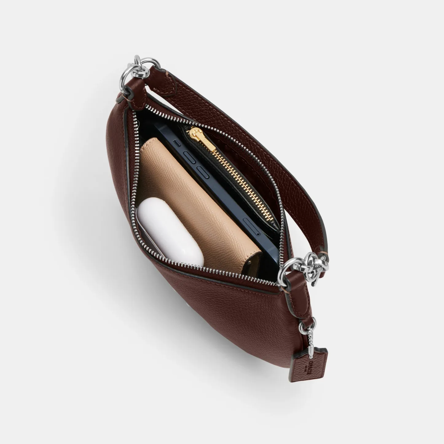 COACH®,Mini Payton Bag,Leather,Recycled Polyester,Shoulder Bag,Logo,Metal,Chain Detail,Compact,Gold Metal,Day Party,Brown,Inside View,Top View