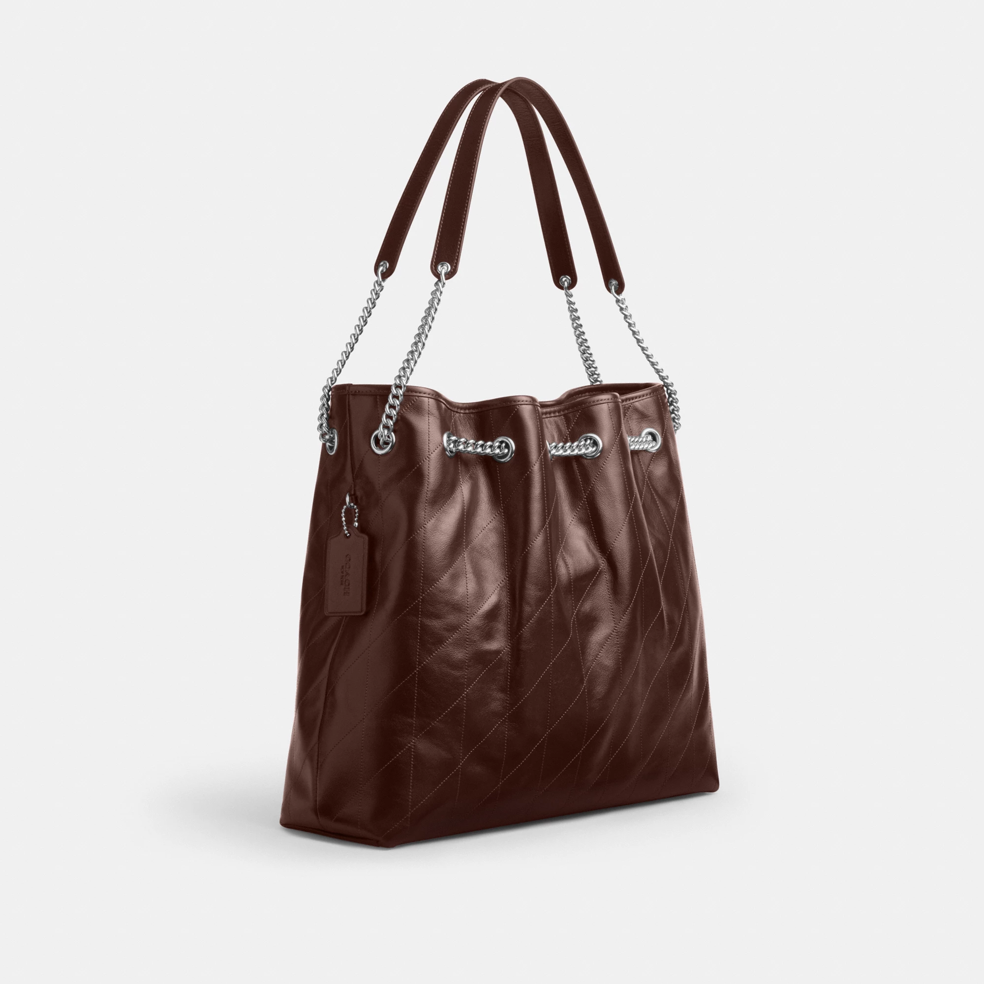 COACH®,Evelyn Large Shoulder Bag With Quilting,Leather,Bucket,Metal,Logo,Day Party,Brown,Angle View