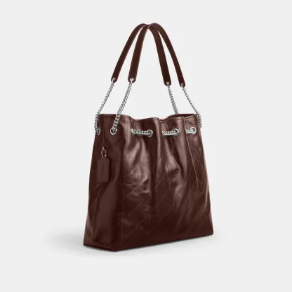 COACH®,Evelyn Large Shoulder Bag With Quilting,Leather,Bucket,Metal,Logo,Day Party,Brown,Angle View