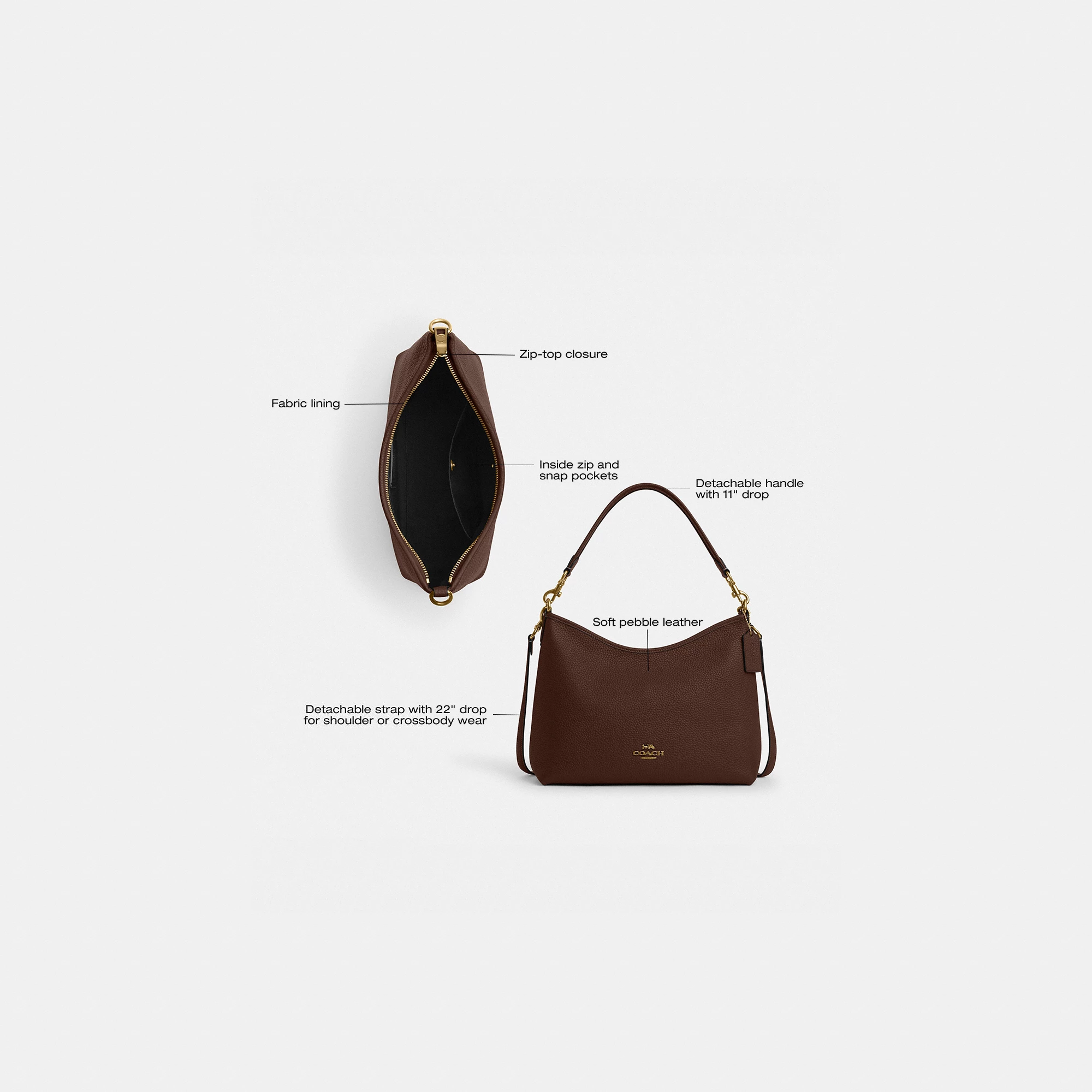 COACH®,Laurel Shoulder Bag,Leather,Hobo,Logo,Gold Metal,Casual,Brown