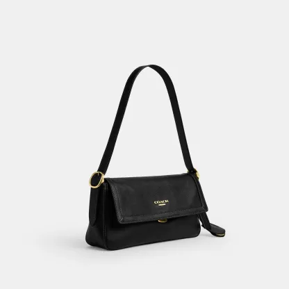 COACH®,Etta Small Flap Shoulder Bag,Recycled Polyester,Shoulder Bag,Logo,Compact,2 in 1,Sustainable,Adjustable,Gold Metal,...,Black,Angle View