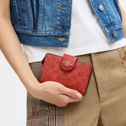 COACH®,Medium Corner Zip Wallet In Signature Canvas,Bi Fold,Coin,Sustainable,Casual,Red,Detail View
