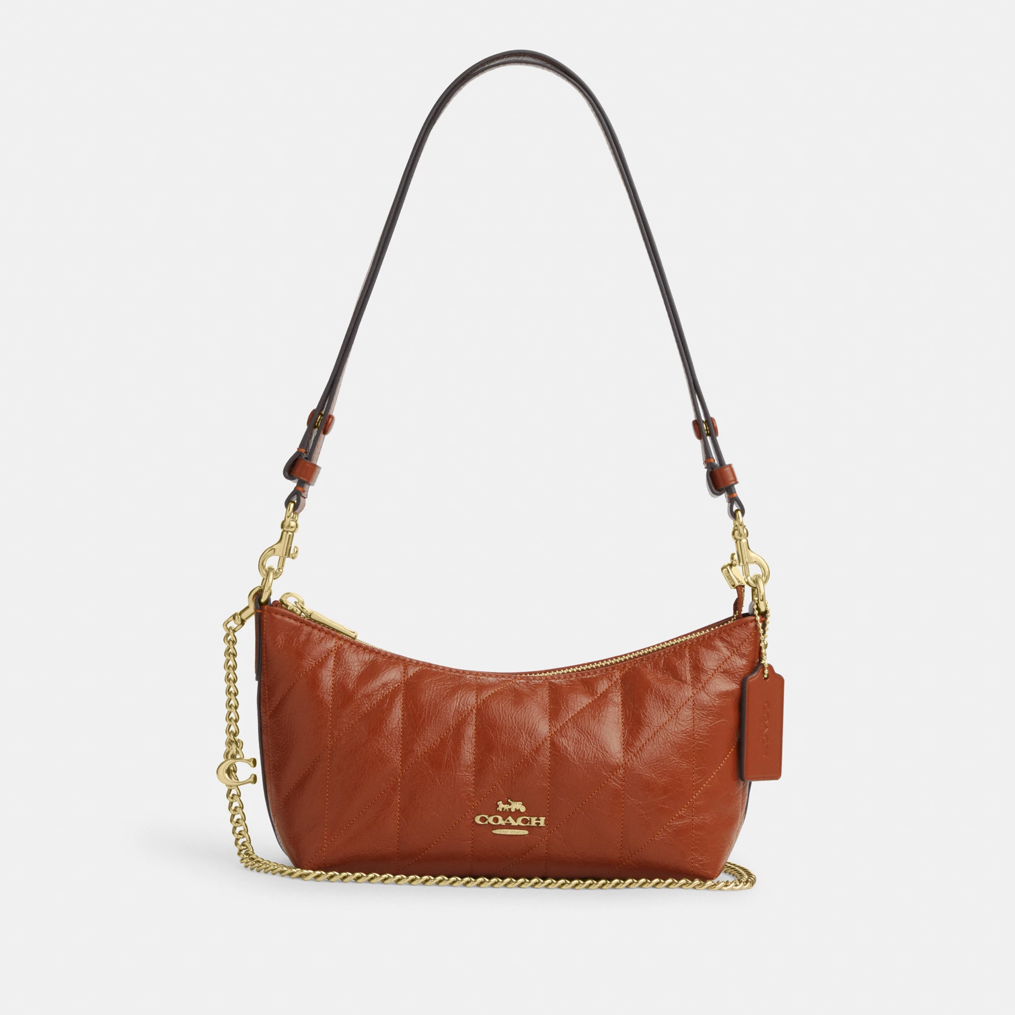 COACH®,Caitlin Shoulder Bag With Quilting And Charm,Recycled Polyester,Leather,Shoulder Bag,Metal Material,Metal,Logo,Sust...,Brown,Front View