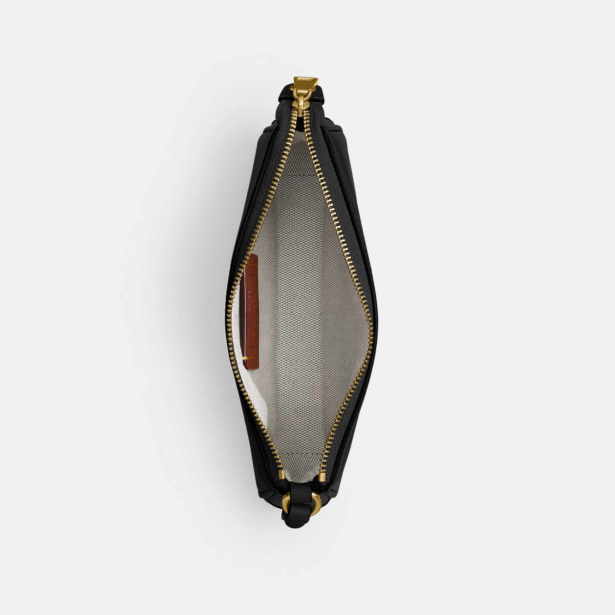 COACH®,Plaza Bag 18,Leather,Shoulder Bag,Compact,Lined,Adjustable,Brass,Gold Metal,Day Party,Black,Inside View,Top View