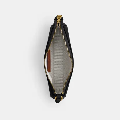 COACH®,Plaza Bag 18,Leather,Shoulder Bag,Compact,Lined,Adjustable,Brass,Gold Metal,Day Party,Black,Inside View,Top View