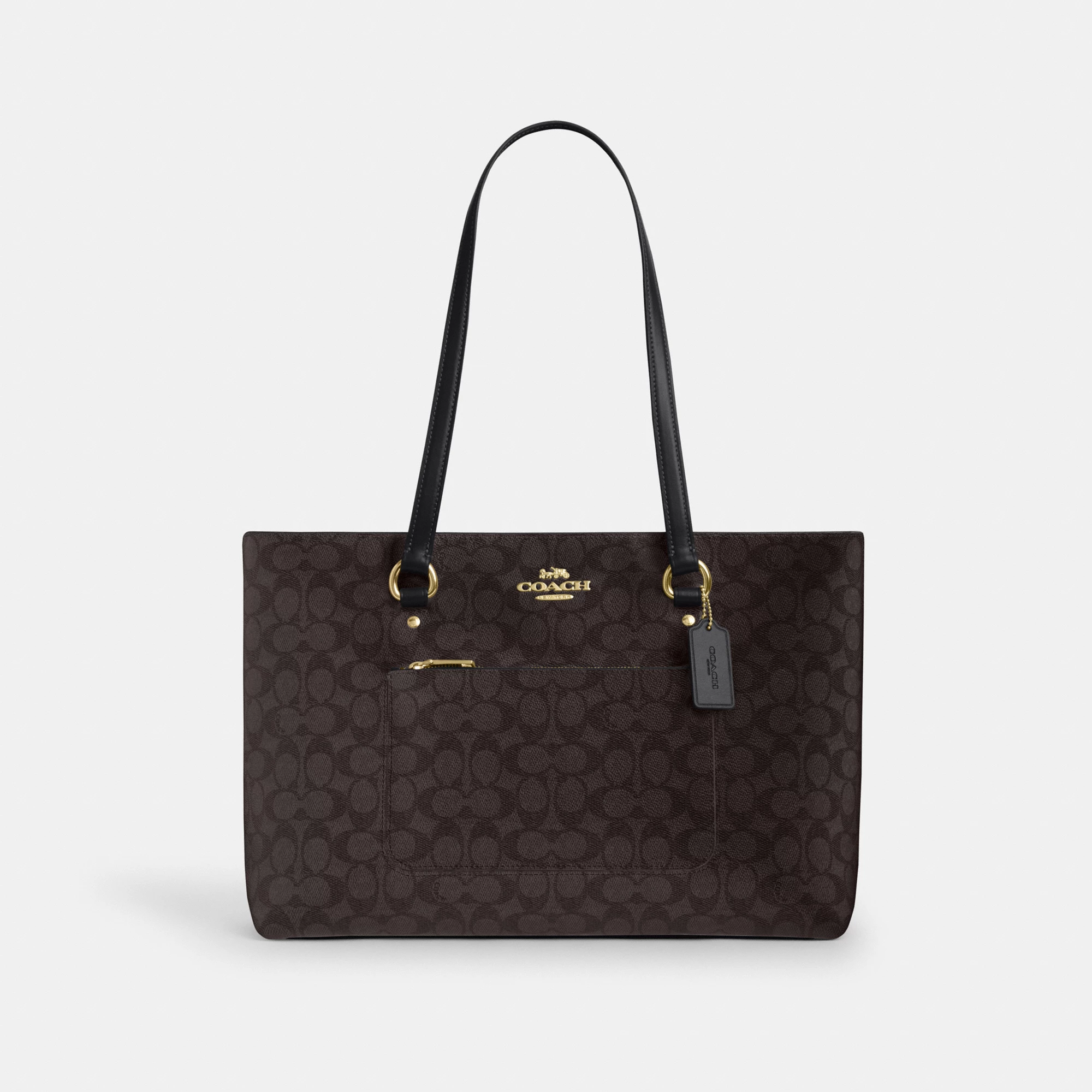 COACH®,Station Tote Bag In Signature Canvas,Canvas,Fabric,Mixed Media,Leather,Tote,Logo,Pattern,Luggage Tag,Lined,Silver M...,Multi Color,Front View