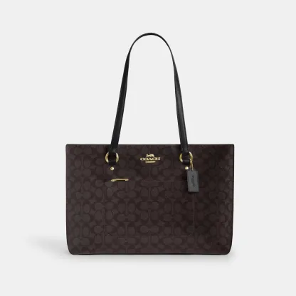 COACH®,Station Tote Bag In Signature Canvas,Canvas,Fabric,Mixed Media,Leather,Tote,Logo,Pattern,Luggage Tag,Lined,Silver M...,Multi Color,Front View