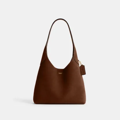COACH®,Brooklyn Shoulder Bag 28,Suede,Leather,Hobo,Logo,Casual,Brown,Front View
