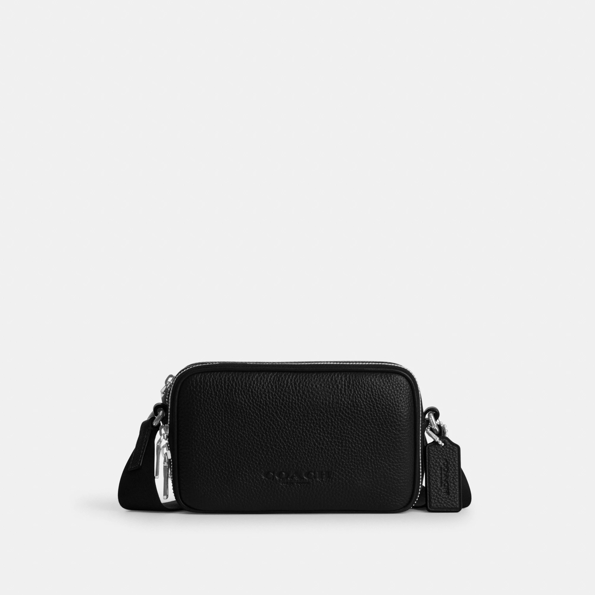 COACH®,Colton Crossbody Bag 19,Recycled Polyester,Leather,Crossbody,Logo,Sustainable,Silver Metal,Casual,Black,Front View