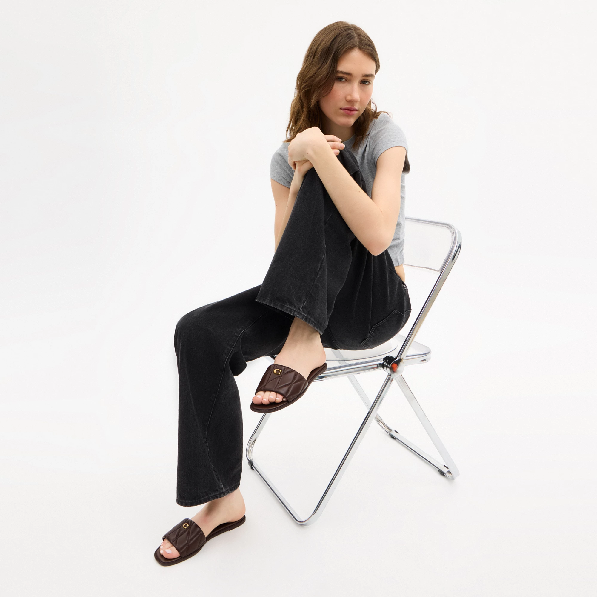 COACH®,Holly Sandal With Quilting,Rubber,Leather,Slides,Metal,Logo,Traction,Cushioned,Casual,Brown,Detail View