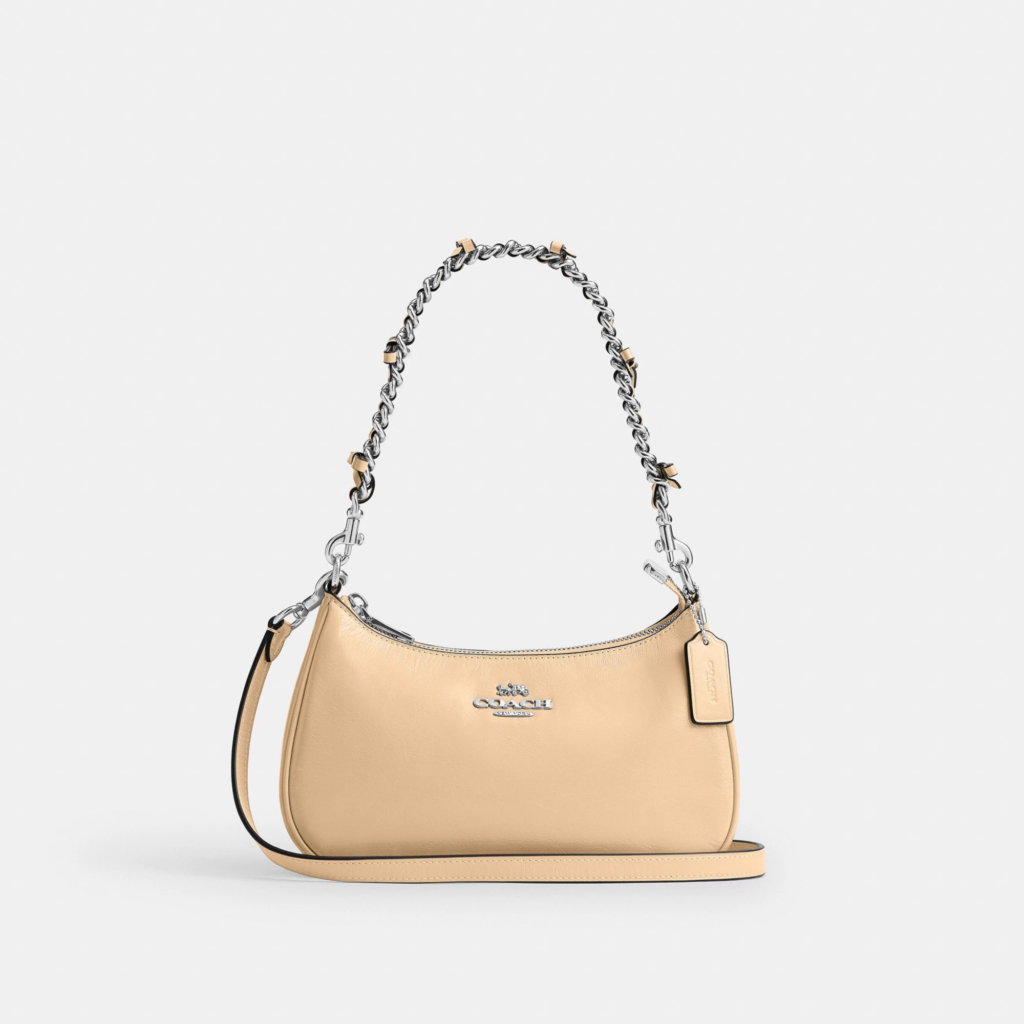 COACH®,Teri Shoulder Bag With Bows,Leather,Recycled Polyester,Shoulder Bag,Bow,Sustainable,Silver Metal,Casual, Father's Day,Beige,Front View