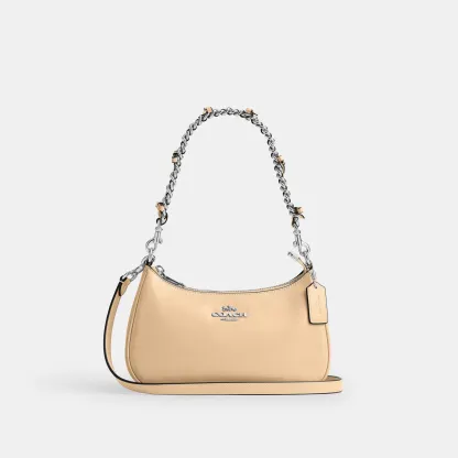 COACH®,Teri Shoulder Bag With Bows,Leather,Recycled Polyester,Shoulder Bag,Bow,Sustainable,Silver Metal,Casual, Father's Day,Beige,Front View