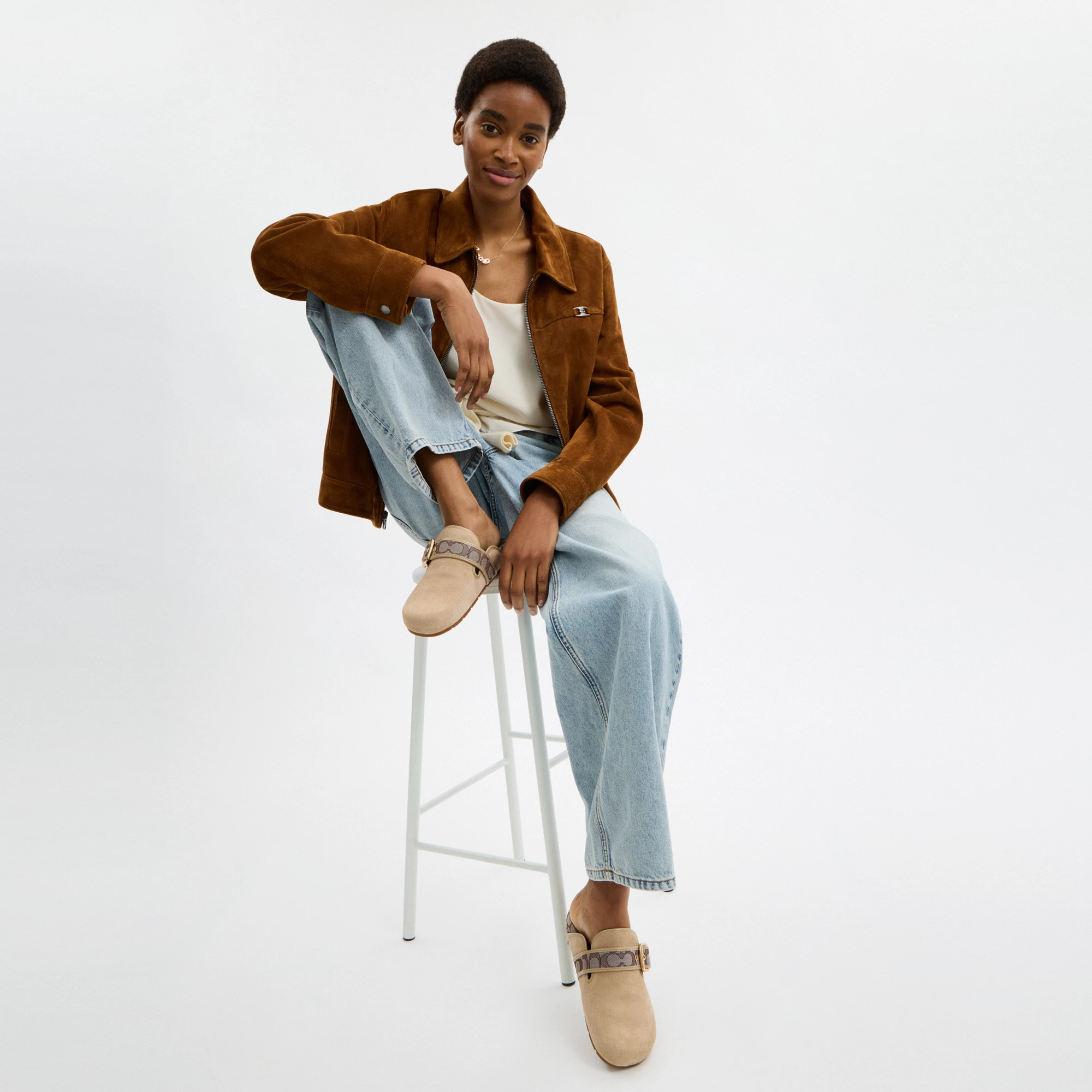 COACH®,Archival Buckle Clog,Rubber,Suede,Clogs,Fabric,Word Embellishment,Logo,Padded Insole,Sustainable,Traction,Cushioned...,Beige,Detail View