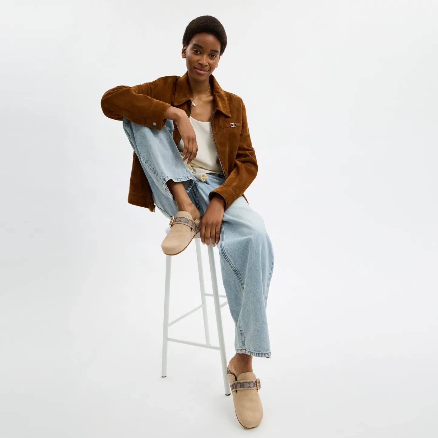 COACH®,Archival Buckle Clog,Rubber,Suede,Clogs,Fabric,Word Embellishment,Logo,Padded Insole,Sustainable,Traction,Cushioned...,Beige,Detail View