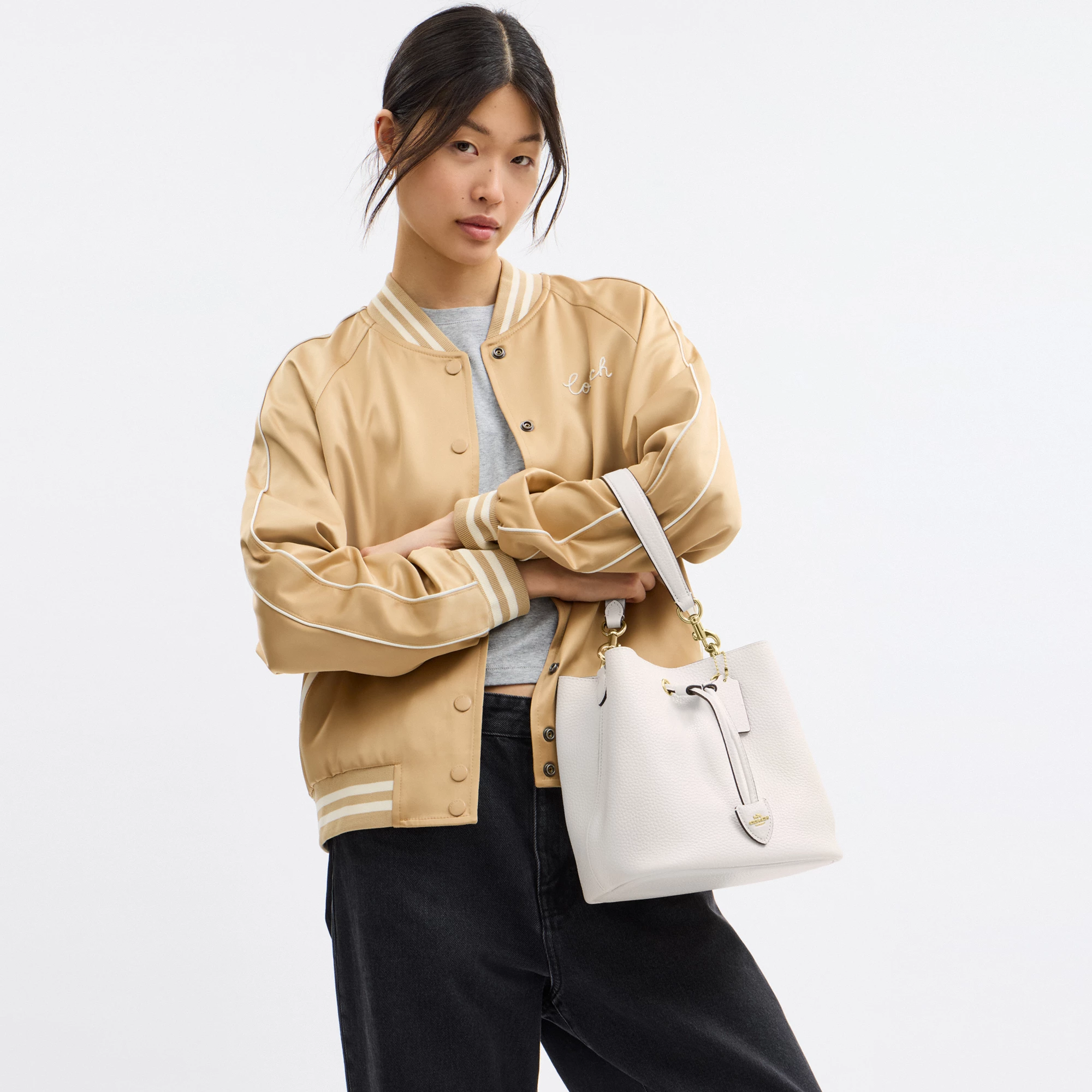 COACH®,Rowan Bucket Bag,Leather,Bucket,Metal,Logo,Casual,White,Detail View