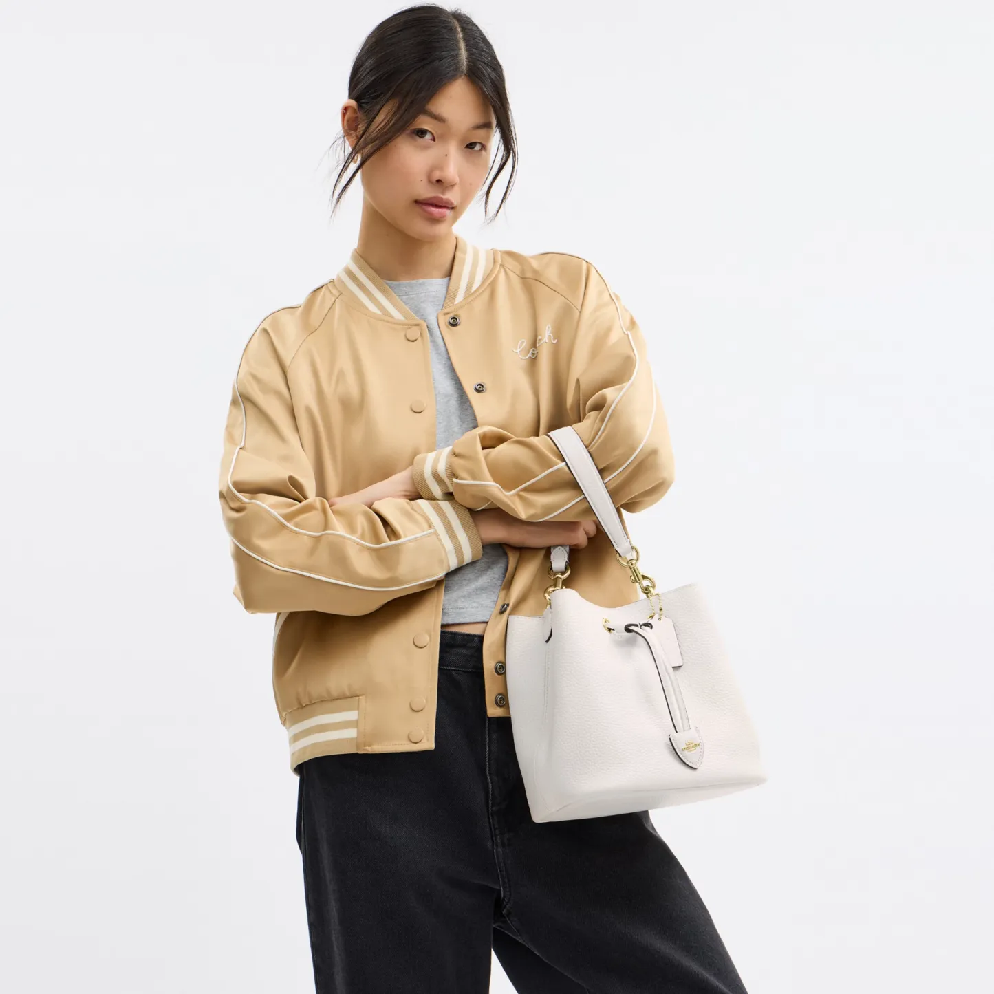 COACH®,Rowan Bucket Bag,Leather,Bucket,Metal,Logo,Casual,White,Detail View