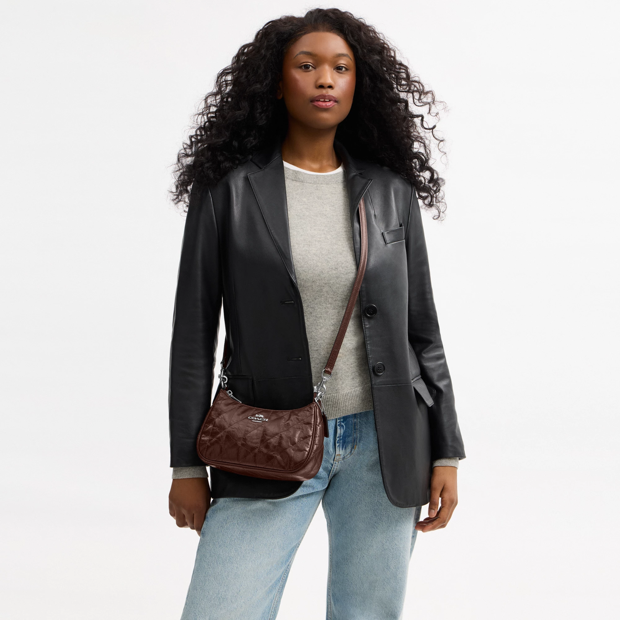 COACH®,Teri Shoulder Bag With Quilting,Recycled Polyester,Leather,Shoulder Bag,Metal,Logo,Silver Metal,Casual,Brown