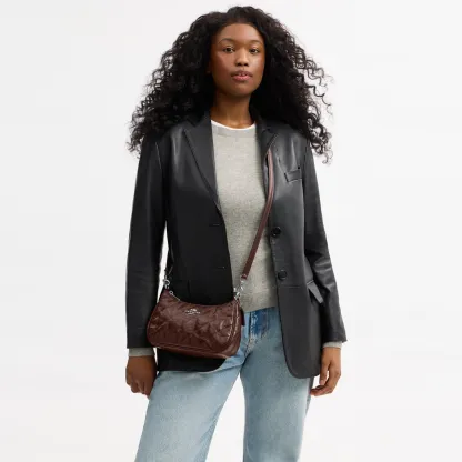COACH®,Teri Shoulder Bag With Quilting,Recycled Polyester,Leather,Shoulder Bag,Metal,Logo,Silver Metal,Casual,Brown
