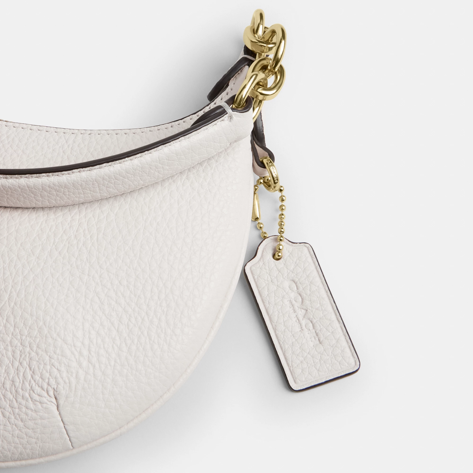 COACH®,Mini Payton Bag,Leather,Recycled Polyester,Shoulder Bag,Logo,Metal,Chain Detail,Compact,Gold Metal,Day Party,White,Closer View