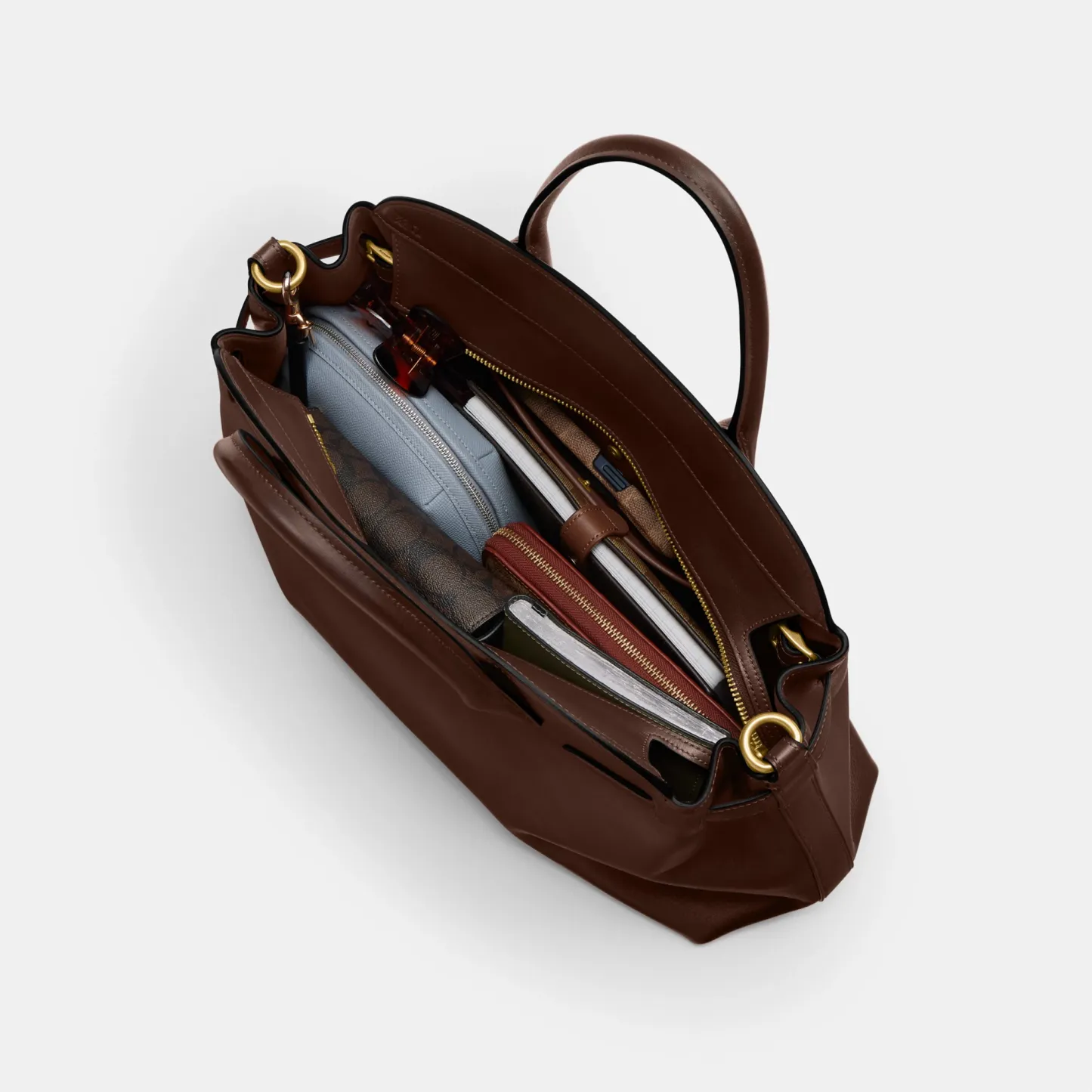 COACH®,Soft Empire Carryall Bag 40,Leather,Carryall,Logo,Gusset,Gold Metal,Work,Brown,Inside View,Top View