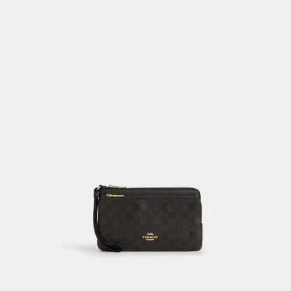 COACH®,Double Zip Wallet In Signature Canvas,Continental,Coin,Color Block,Casual,Black,Front View