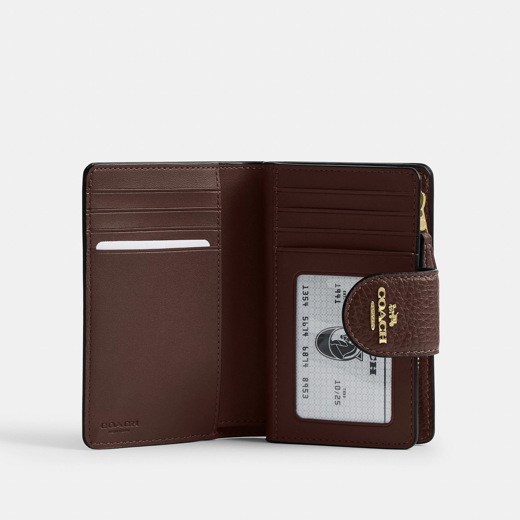 COACH®,Medium Corner Zip Wallet,Leather,Bi Fold,Logo,Metal,Travel,Brown,Inside View,Top View