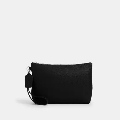 COACH®,Pouch,Recycled Polyester,Polyester,Leather,Pouch,Logo,Sustainable,Silver Metal,Casual,Black,Front View
