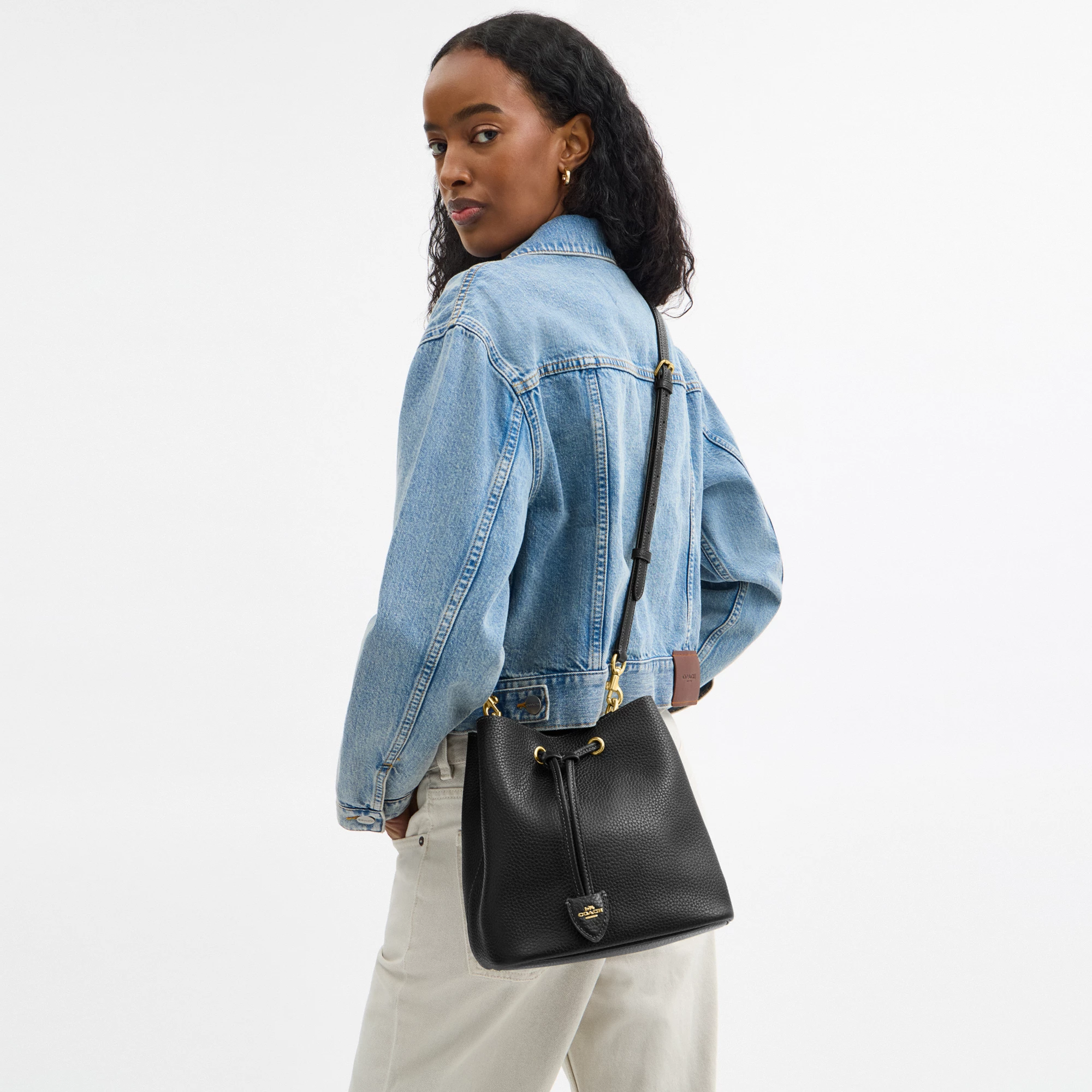 COACH®,Rowan Bucket Bag,Leather,Bucket,Metal,Logo,Casual,Black
