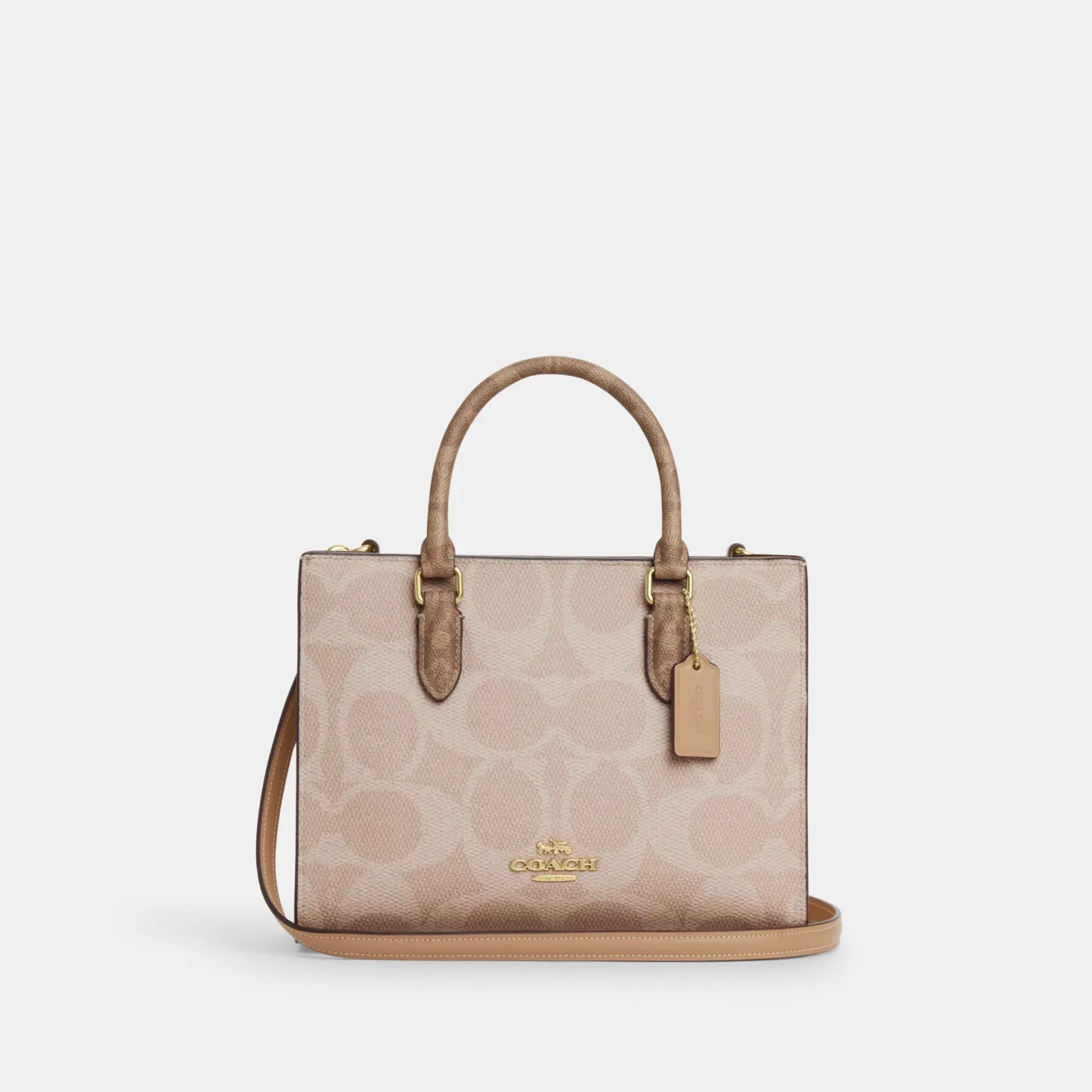 COACH®,Maggie Small Tote Bag In Blocked Signature Canvas,Leather,Canvas,Satchel,Casual,Beige,Front View