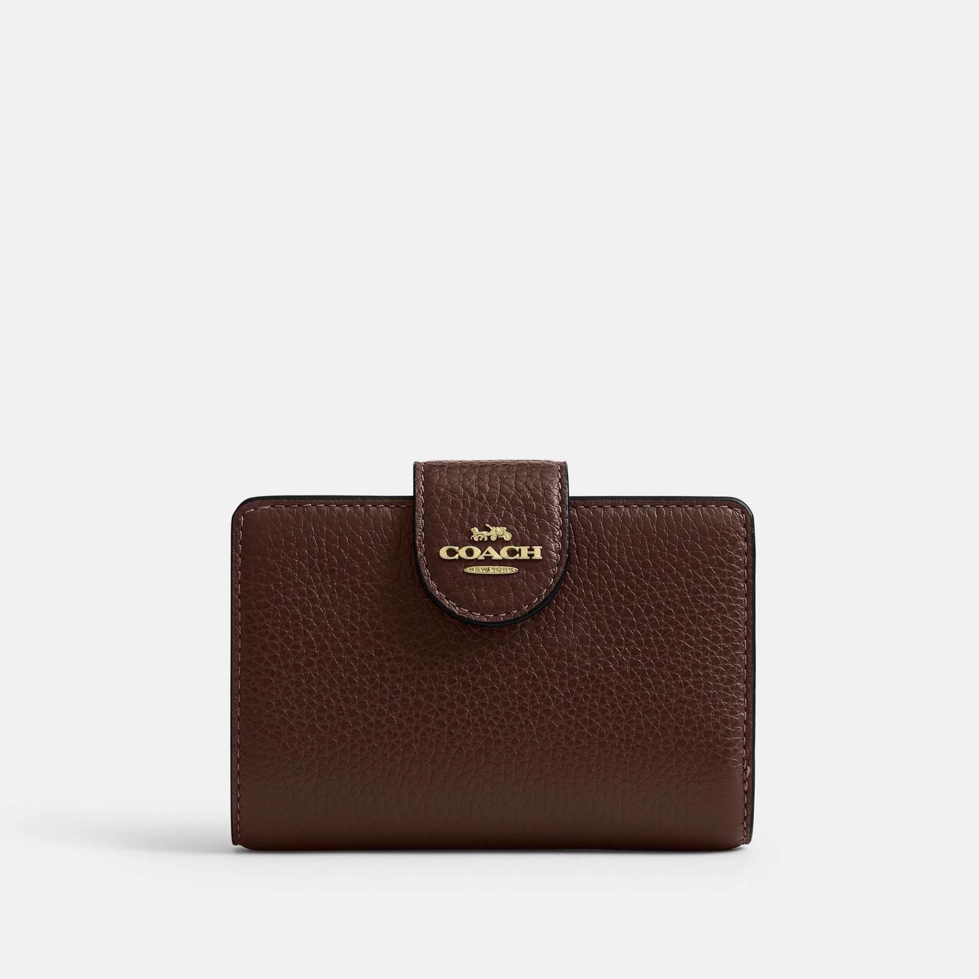 COACH®,Medium Corner Zip Wallet,Leather,Bi Fold,Logo,Metal,Travel,Brown,Front View