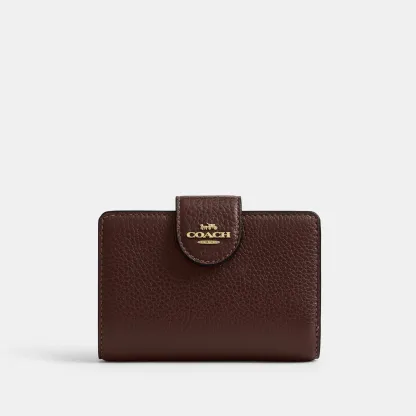 COACH®,Medium Corner Zip Wallet,Leather,Bi Fold,Logo,Metal,Travel,Brown,Front View