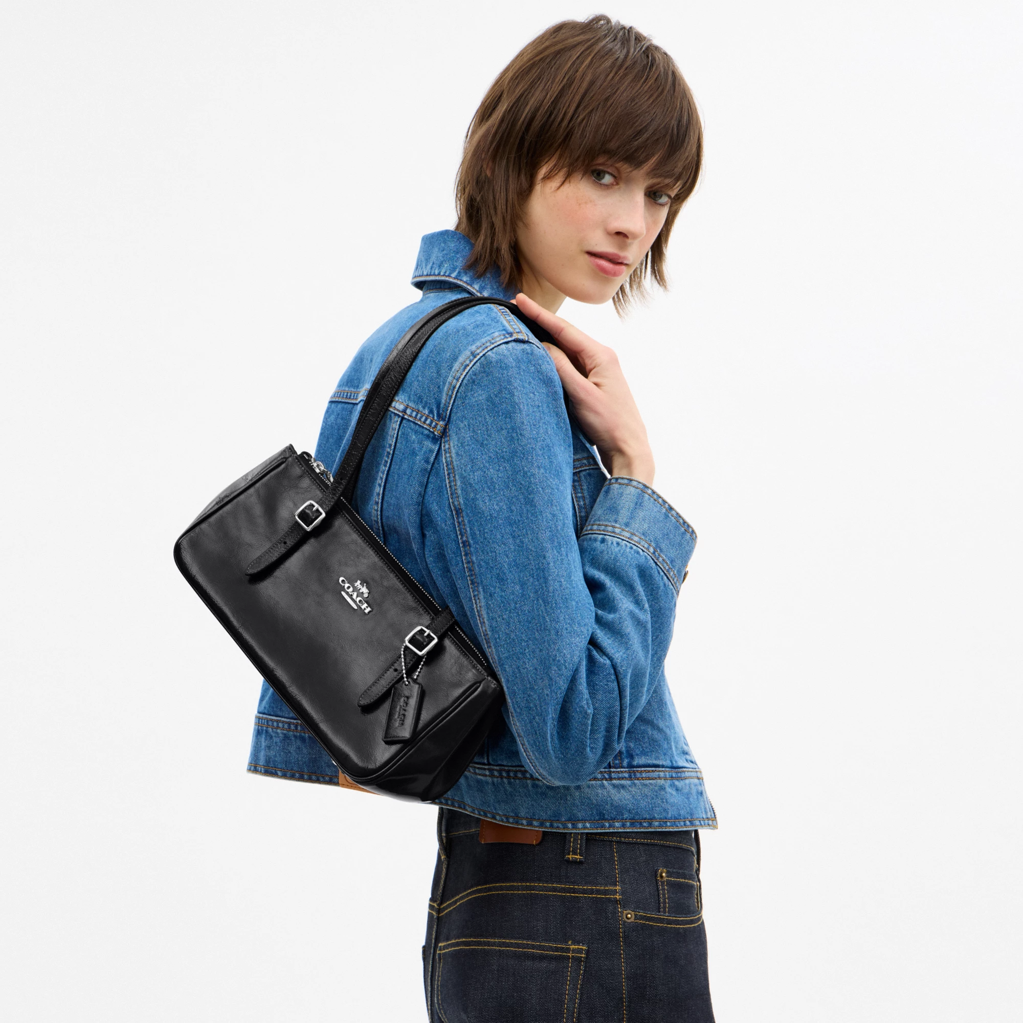 COACH®,Asher Shoulder Bag,Leather,Shoulder Bag,Logo,Metal,Luggage Tag,Adjustable,Compact,Key Ring,Lined,Silver Metal,Casual,Black,Detail View
