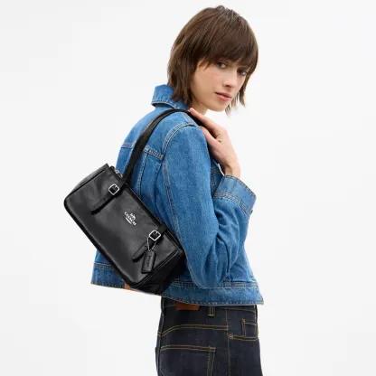 COACH®,Asher Shoulder Bag,Leather,Shoulder Bag,Logo,Metal,Luggage Tag,Adjustable,Compact,Key Ring,Lined,Silver Metal,Casual,Black,Detail View