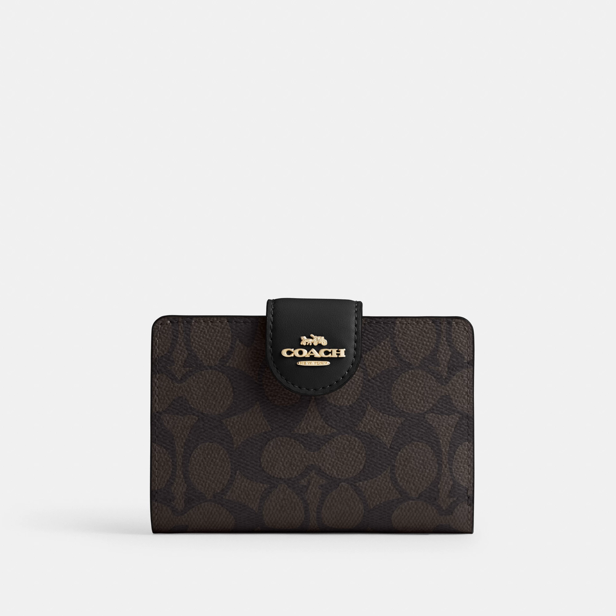 COACH®,Medium Corner Zip Wallet In Signature Canvas,Bi Fold,Coin,Sustainable,Casual,Brown,Front View