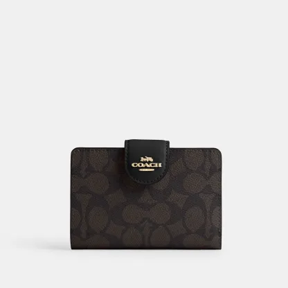 COACH®,Medium Corner Zip Wallet In Signature Canvas,Bi Fold,Coin,Sustainable,Casual,Brown,Front View