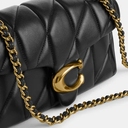 COACH®,Tabby Shoulder Bag 20 With Pillow Quilting,Leather,Shoulder Bag,Chain Detail,Embossed,Logo,Metal,Gold Metal,Day Party,Black,Closer View
