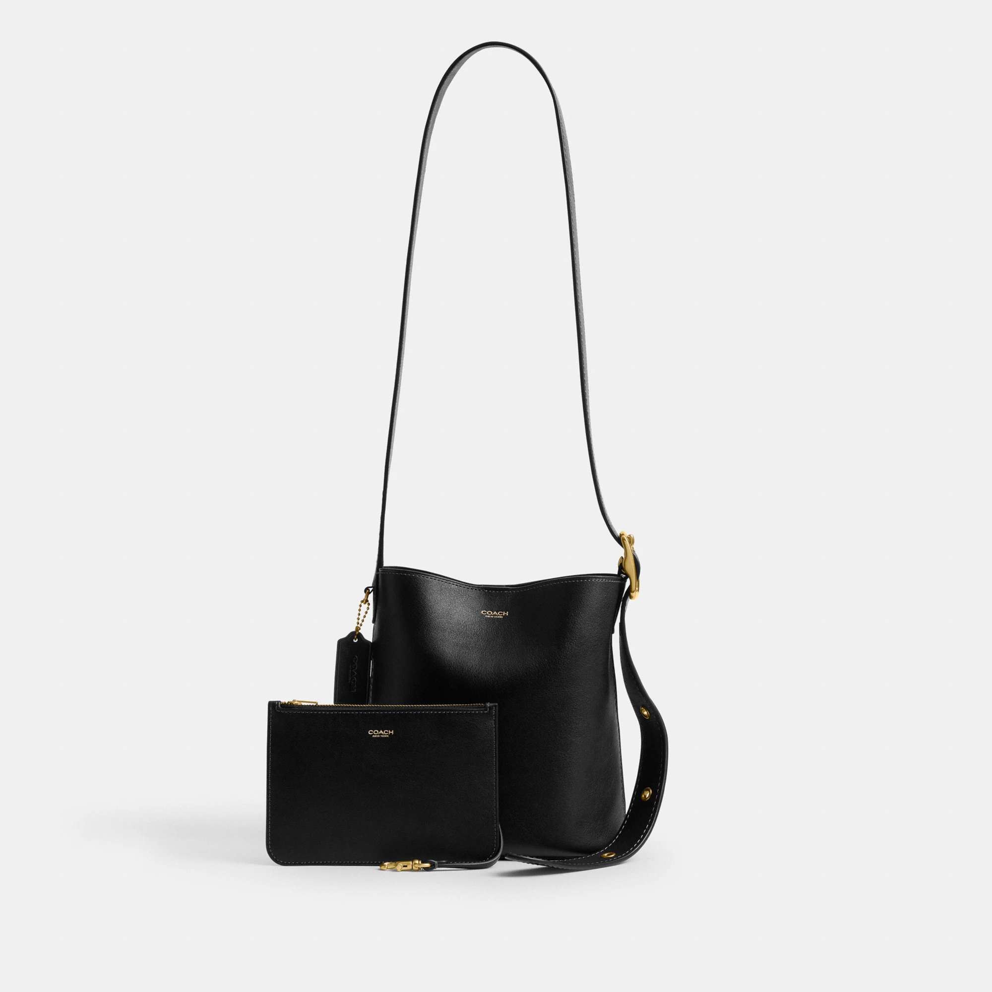 COACH®,Bleecker Bucket Bag 21,Leather,Bucket,Adjustable,Compact,Removable Pouch,Gold Metal,Casual,Black,Angle View