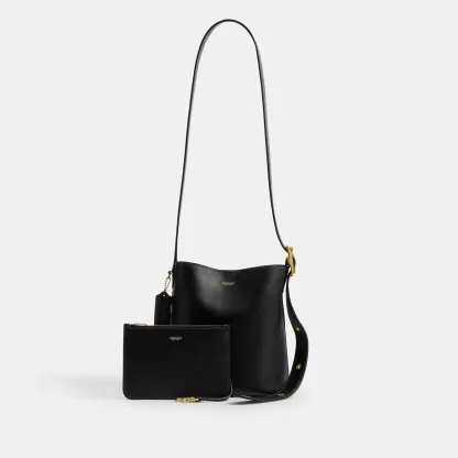 COACH®,Bleecker Bucket Bag 21,Leather,Bucket,Adjustable,Compact,Removable Pouch,Gold Metal,Casual,Black,Angle View