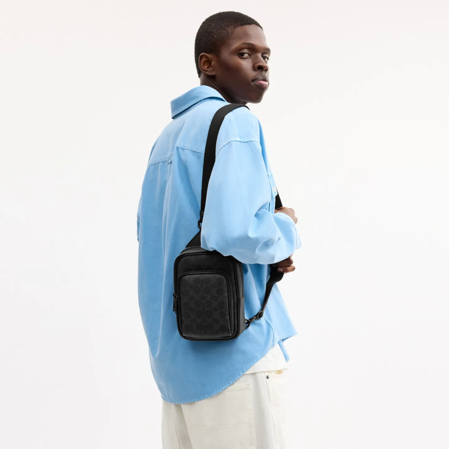 COACH®,Racer Sling Pack In Signature Canvas,Recycled Polyester,Canvas,Leather,Slingback,Metal Material,Logo,Adjustable,Sus...,Black,Detail View