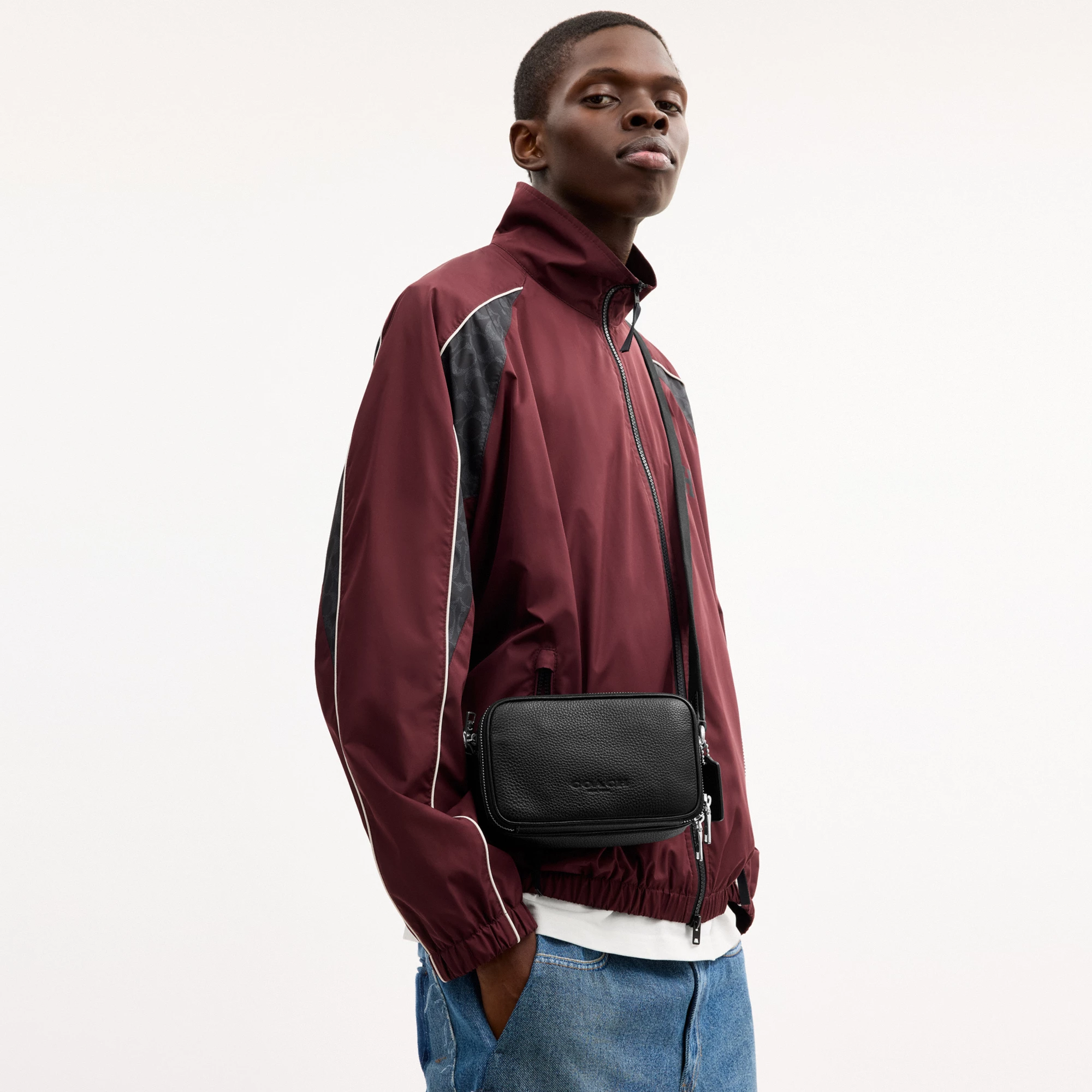 COACH®,Colton Crossbody Bag 19,Recycled Polyester,Leather,Crossbody,Logo,Sustainable,Silver Metal,Casual,Black,Detail View
