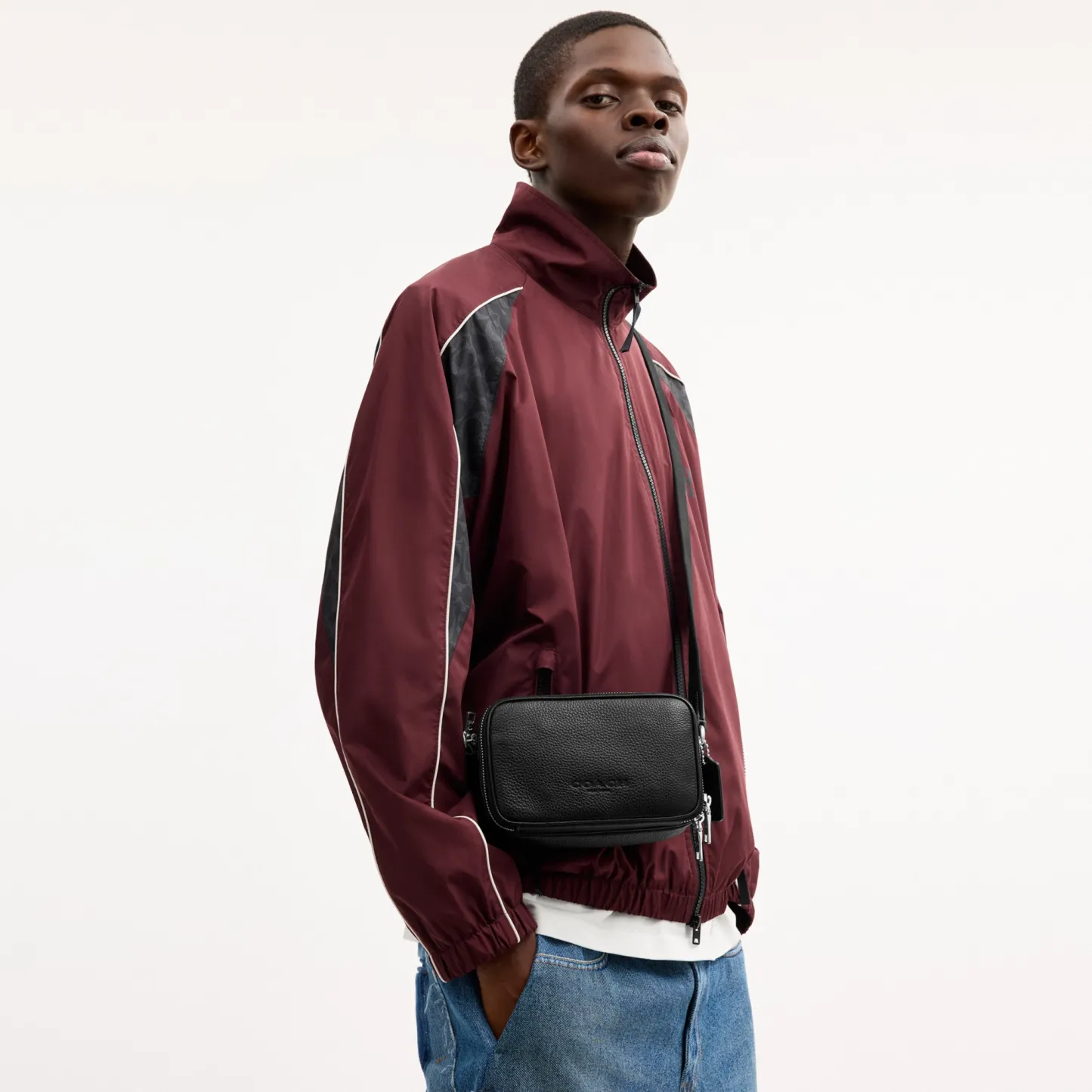 COACH®,Colton Crossbody Bag 19,Recycled Polyester,Leather,Crossbody,Logo,Sustainable,Silver Metal,Casual,Black,Detail View