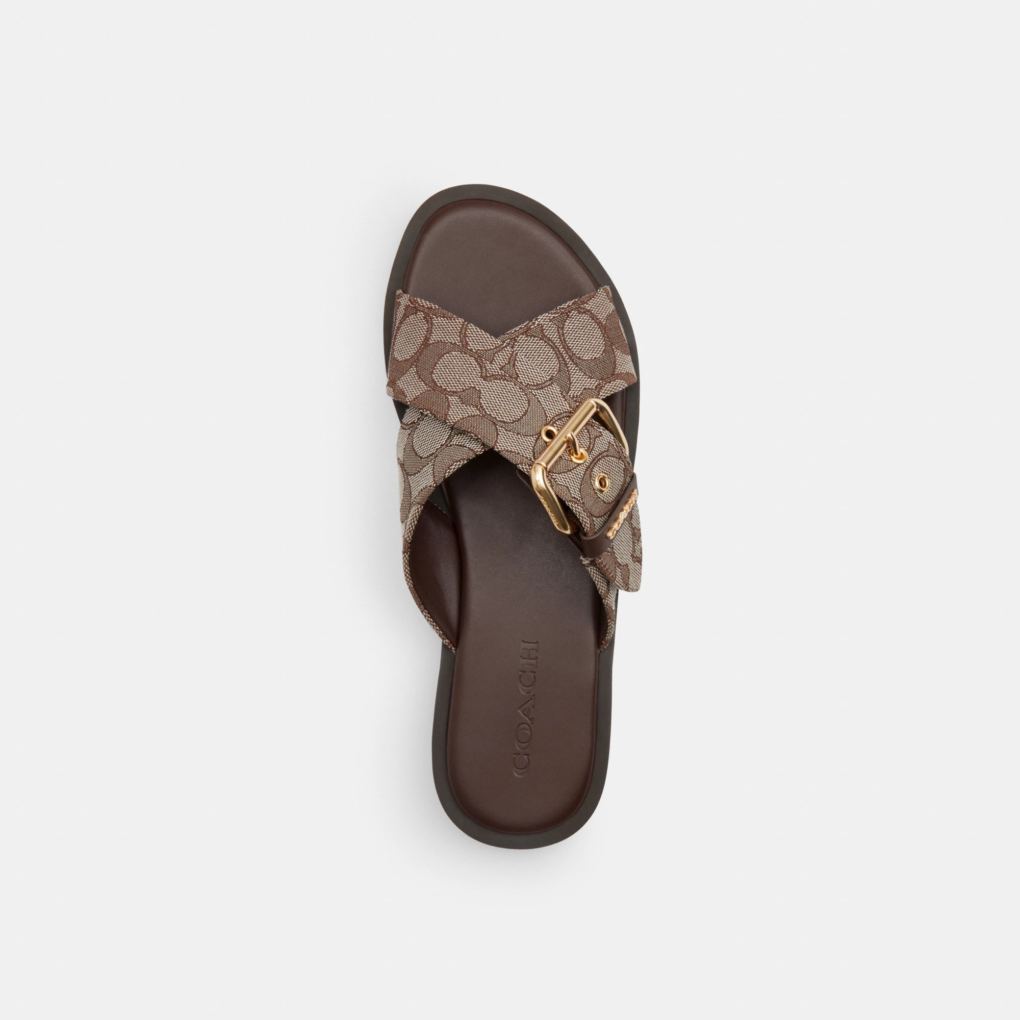COACH®,Crisscross Buckle Sandal In Signature Jacquard,Polyester,Cotton,Sandals,Fabric,Metal,Sustainable,Casual,Brown,Inside View,Top View