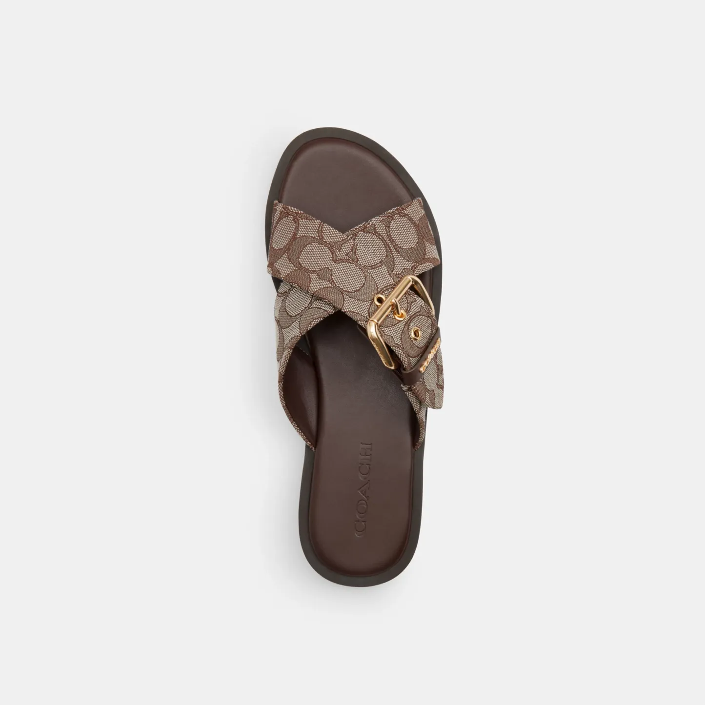 COACH®,Crisscross Buckle Sandal In Signature Jacquard,Polyester,Cotton,Sandals,Fabric,Metal,Sustainable,Casual,Brown,Inside View,Top View