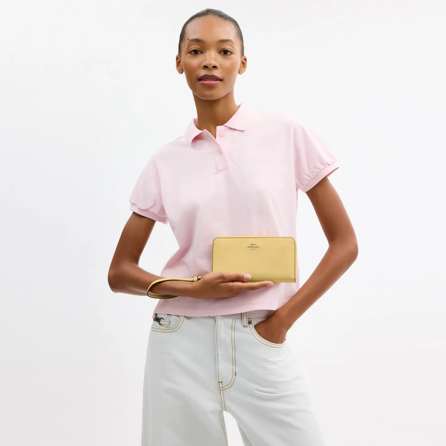 COACH®,Long Zip Around Wallet,Leather,Wristlet,Continental,Logo,Metal,Casual,Gold,Detail View