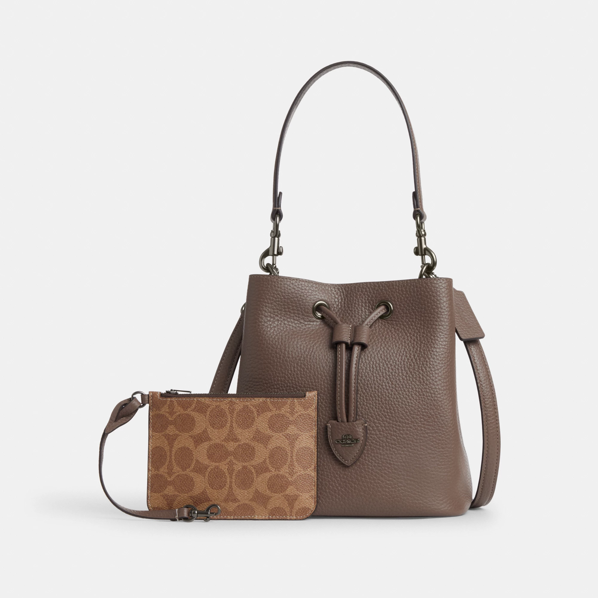 COACH®,Rowan Bucket Bag,Leather,Bucket,Metal,Logo,Casual,Brown,Angle View