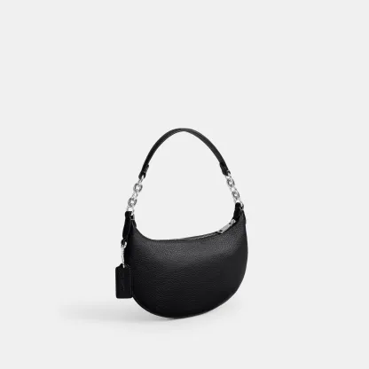COACH®,Mini Payton Bag,Leather,Recycled Polyester,Shoulder Bag,Logo,Metal,Chain Detail,Compact,Gold Metal,Day Party,Black,Angle View