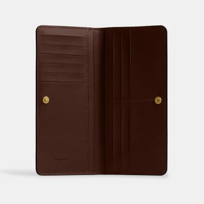 COACH®,Essential Slim Wallet,Leather,Continental,Bi Fold,Logo,Metal,Casual,Brown,Inside View,Top View