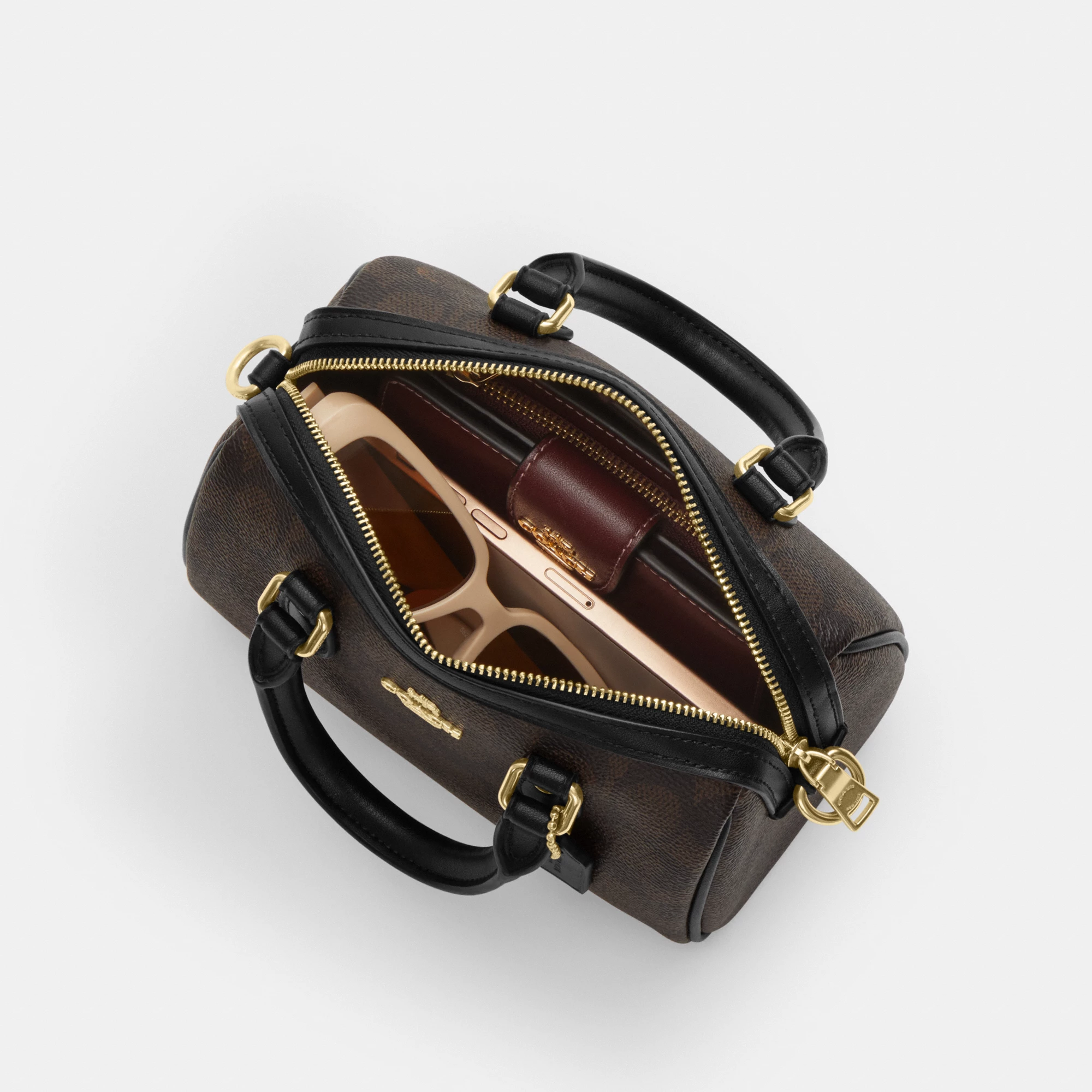 COACH®,Mini Rowan Crossbody Bag In Signature Canvas,Canvas,Recycled Polyester,Faux Leather,Metal,Logo,Casual,Black,Inside View,Top View