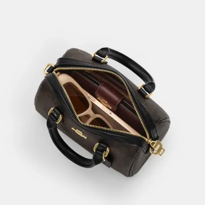 COACH®,Mini Rowan Crossbody Bag In Signature Canvas,Canvas,Recycled Polyester,Faux Leather,Metal,Logo,Casual,Black,Inside View,Top View